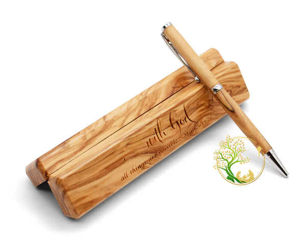 Olive wood Pen & Box | Christmas wooden pen box and pen gift from the Holy Land |wooden pen case engraved "with God all things are possible"