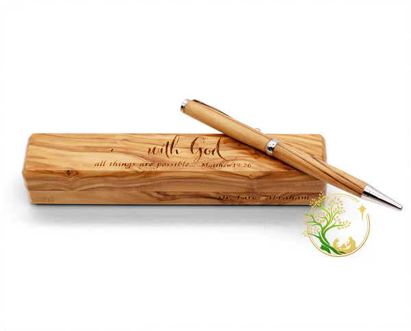 Olive wood Pen & Box | Christmas wooden pen box and pen gift from the Holy Land |wooden pen case engraved "with God all things are possible"