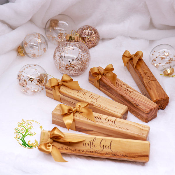 Olive wood Pen & Box | Christmas wooden pen box and pen gift from the Holy Land |wooden pen case engraved "with God all things are possible"