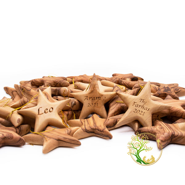 Personalized Christmas star ornament | Olive wood customized name tree ornament