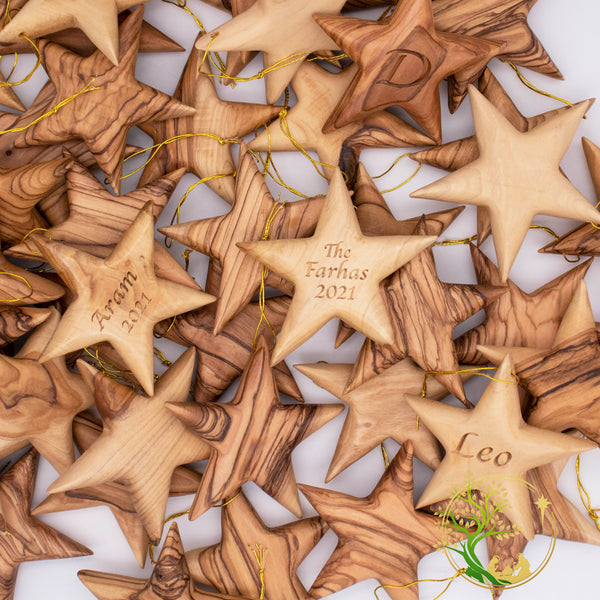 Personalized Christmas star ornament | Olive wood customized name tree ornament