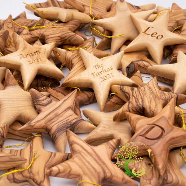 Personalized Christmas star ornament | Olive wood customized name tree ornament