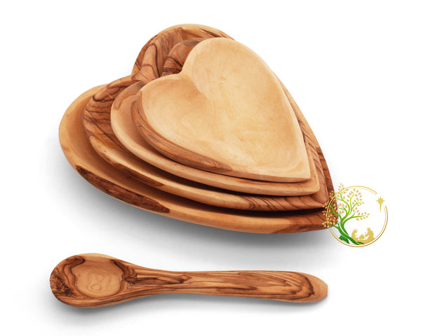 Heart shaped Olive wood serving plate set | Wooden plates olive wood bowls set for appetizers with olive wood spoon