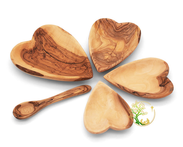 Heart shaped Olive wood serving plate set | Wooden plates olive wood bowls set for appetizers with olive wood spoon