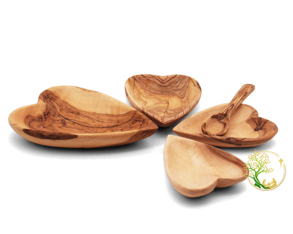 Heart shaped Olive wood serving plate set | Wooden plates olive wood bowls set for appetizers with olive wood spoon