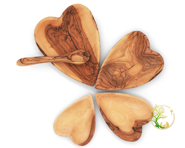 Heart shaped Olive wood serving plate set | Wooden plates olive wood bowls set for appetizers with olive wood spoon