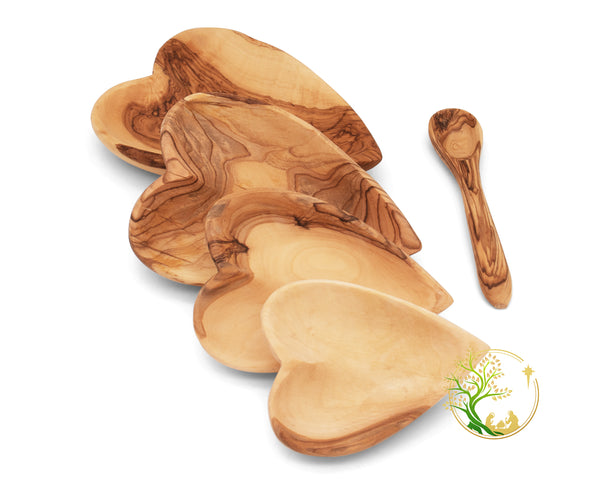 Heart shaped Olive wood serving plate set | Wooden plates olive wood bowls set for appetizers with olive wood spoon