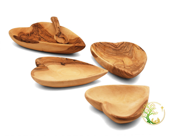 Heart shaped Olive wood serving plate set | Wooden plates olive wood bowls set for appetizers with olive wood spoon