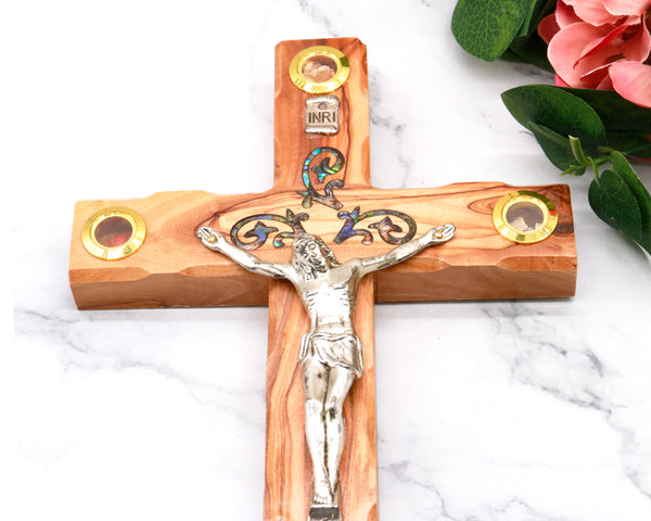 Exquisite Olive Wood Crucifix from the Holy Land with Abalone Accents & Bethlehem Relic |Christmas, Housewarming or religious occasion gift