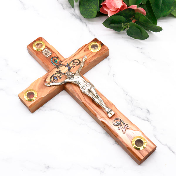 Exquisite Olive Wood Crucifix from the Holy Land with Abalone Accents & Bethlehem Relic |Christmas, Housewarming or religious occasion gift