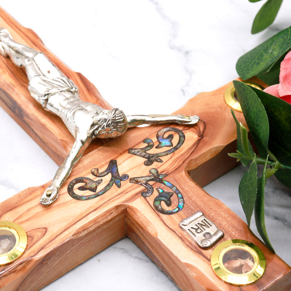 Exquisite Olive Wood Crucifix from the Holy Land with Abalone Accents & Bethlehem Relic |Christmas, Housewarming or religious occasion gift