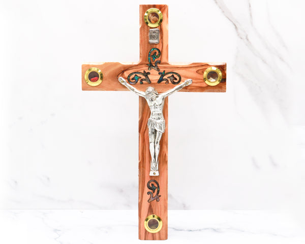 Exquisite Olive Wood Crucifix from the Holy Land with Abalone Accents & Bethlehem Relic |Christmas, Housewarming or religious occasion gift