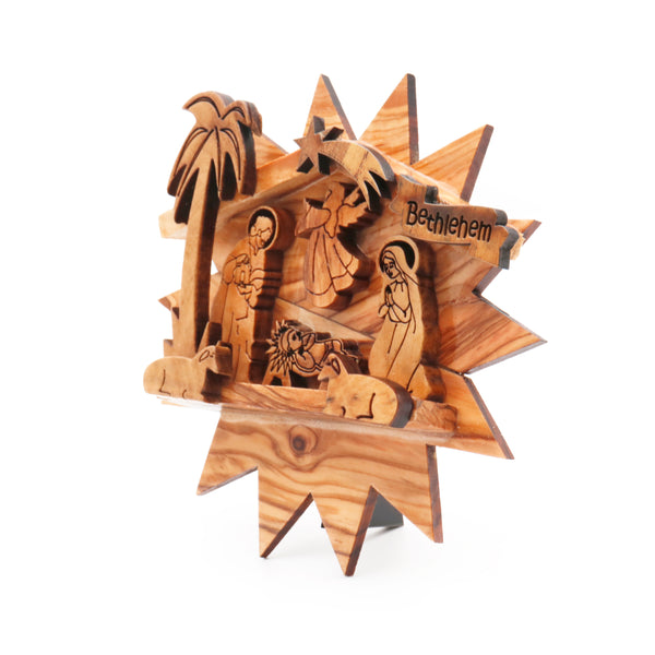 Wall hanging Nativity Scene - Table top nativity scene - Sacred Olive Wood Nativity Star Stand: Artistic Home Decor with Spiritual Elegance