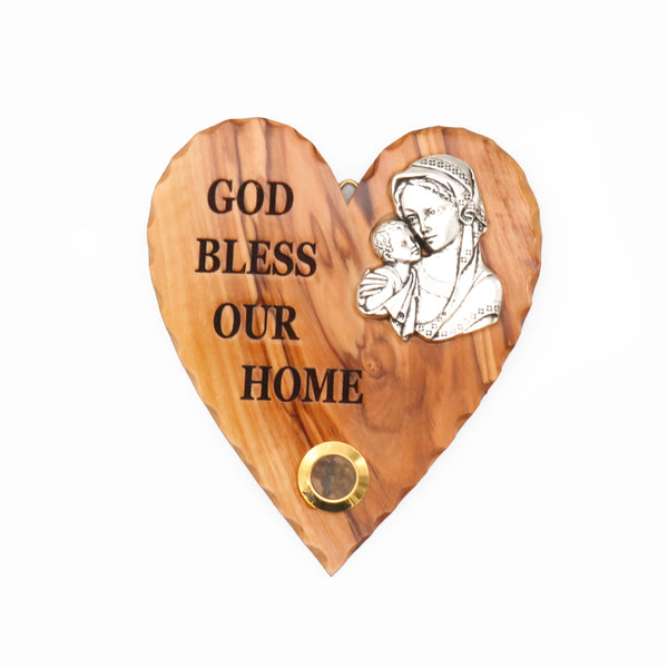 Holy Virgin Mary & baby Jesus magnet -Religious Fridge magnet of a heart shaped olive wood |God Bless Our Home magnet made in the Holy Land