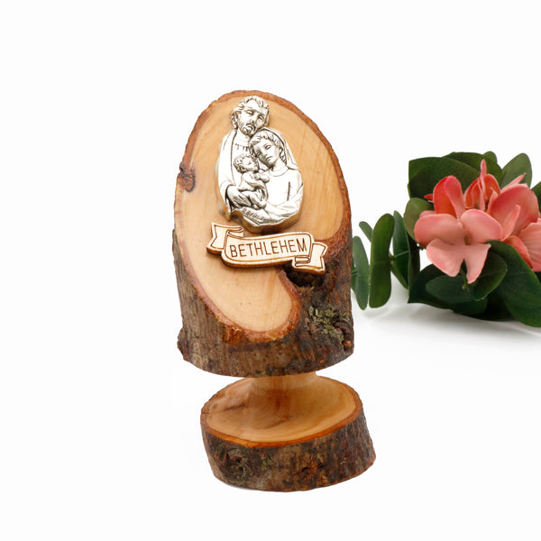 Divine Holy Family Olive Wood Stand: Crafted in the Holy Land with Silver Plated Icon - A Testament to Faith and Artistry