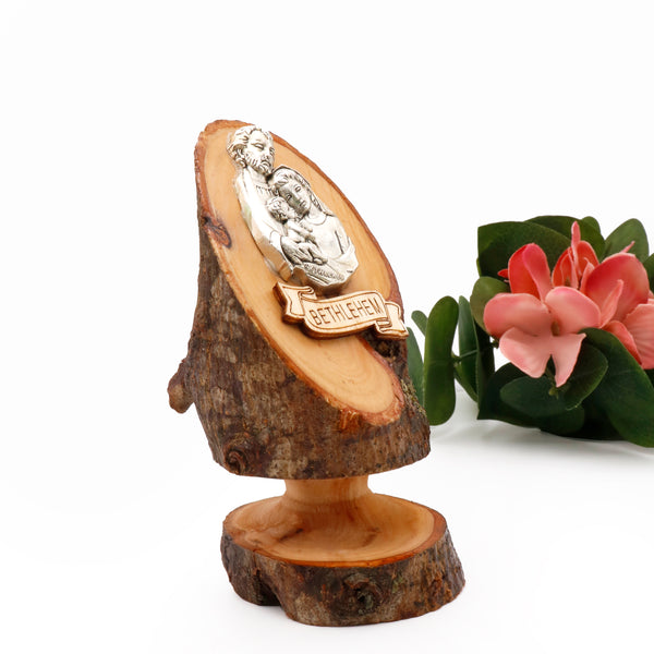 Divine Holy Family Olive Wood Stand: Crafted in the Holy Land with Silver Plated Icon - A Testament to Faith and Artistry