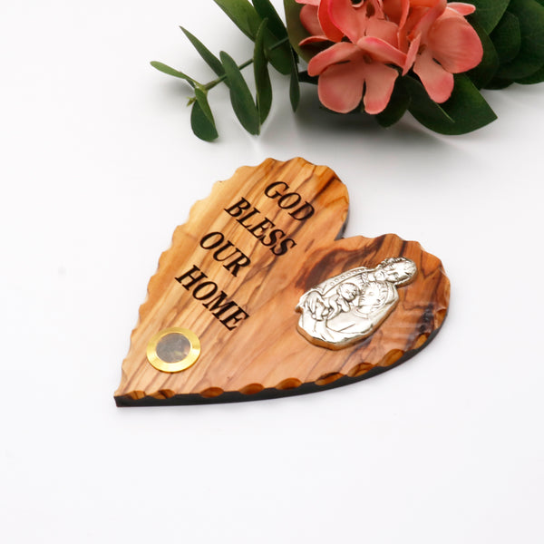 Large Holy Family magnet -Religious Fridge magnet of a heart shaped olive wood Holy Family | God Bless Our Home magnet made in the Holy Land