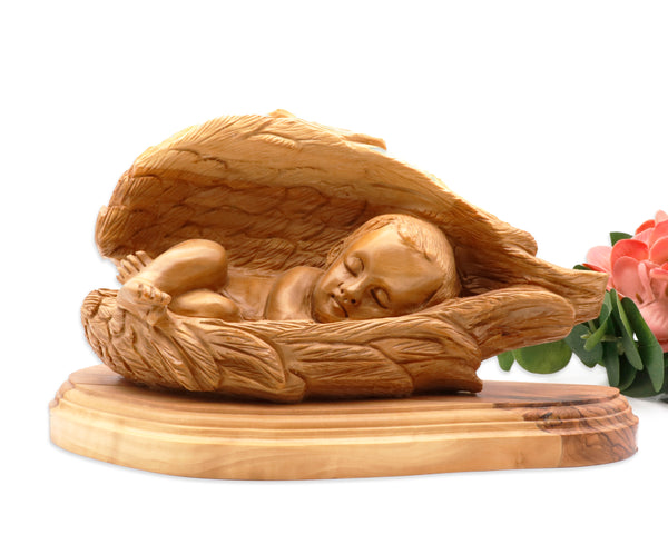 Baby Jesus Christ in Angel Wings Figurine |baby Jesus olive wood Statue hand-carved in the Holy Land | Religious decor |Christmas Decorations