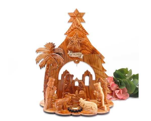 Wooden Nativity set with a music box| Manger scene for your Christmas Decoration| Handmade olive wood nativity set| Christmas nativity scene