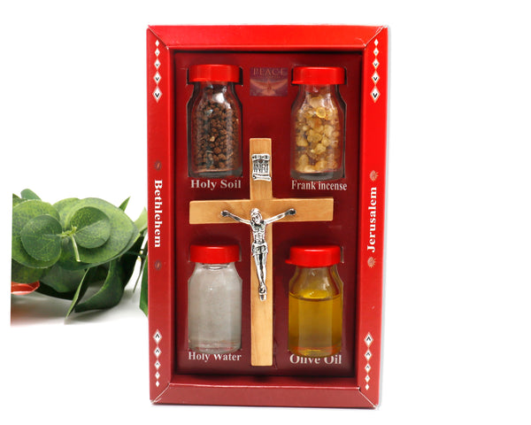 Holy Land Relics Box with Olive wood cross Holy Water, anointing olive oil, Soil & Frankincense |Holy Land souvenir keepsake Religious Gift