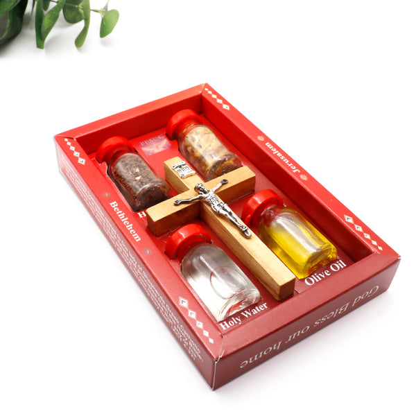 Holy Land Relics Box with Olive wood cross Holy Water, anointing olive oil, Soil & Frankincense |Holy Land souvenir keepsake Religious Gift