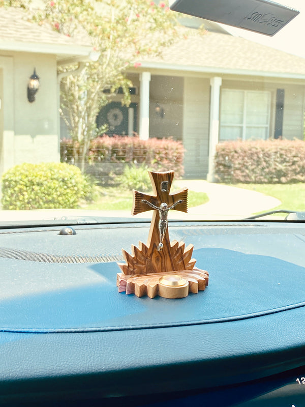 Standing wooden Cross for Car Dashboard Decoration Accessory - Made of Olive Wood in Bethlehem - Small Glass filled with Jerusalem Incense