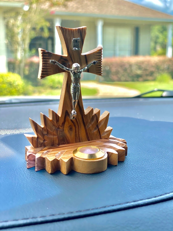 Standing wooden Cross for Car Dashboard Decoration Accessory - Made of Olive Wood in Bethlehem - Small Glass filled with Jerusalem Incense