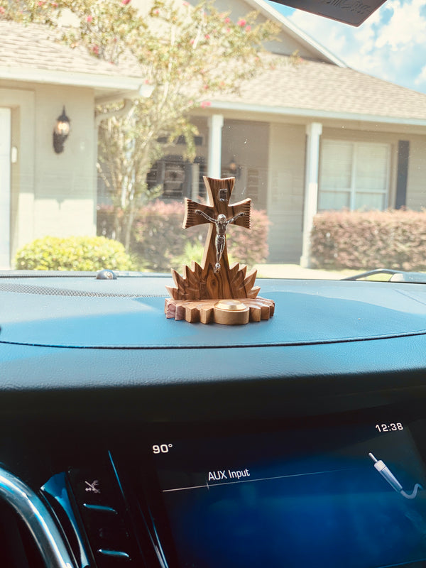 Standing wooden Cross for Car Dashboard Decoration Accessory - Made of Olive Wood in Bethlehem - Small Glass filled with Jerusalem Incense