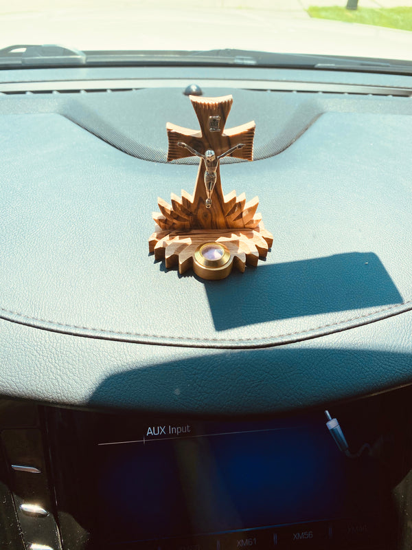 Standing wooden Cross for Car Dashboard Decoration Accessory - Made of Olive Wood in Bethlehem - Small Glass filled with Jerusalem Incense