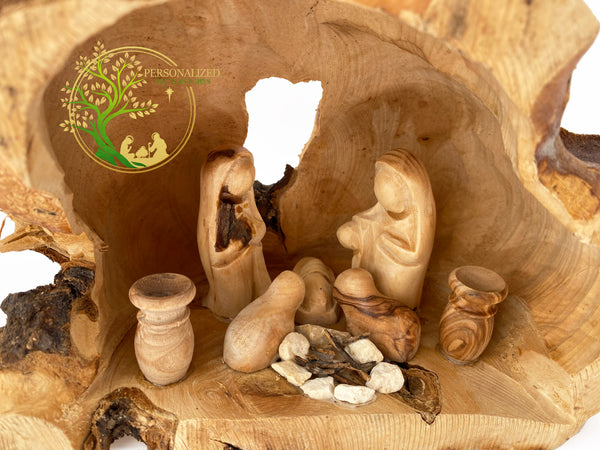 Nativity Set carved inside of olive tree branch | Holy Land Nativity scene | Christmas Decoration