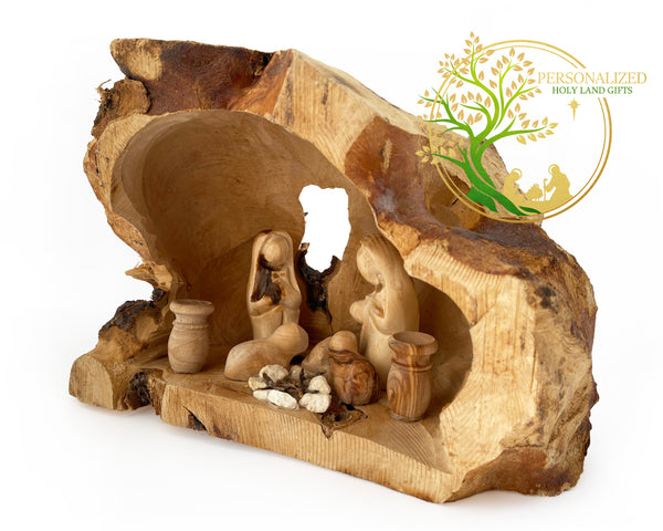 Nativity Set carved inside of olive tree branch | Holy Land Nativity scene | Christmas Decoration