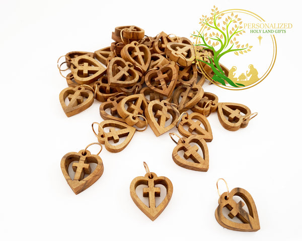 Heart cross pendant | olive wood cross charms for religious jewelry or rosary making | Set of 3