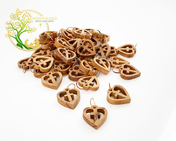 Heart cross pendant | olive wood cross charms for religious jewelry or rosary making | Set of 3