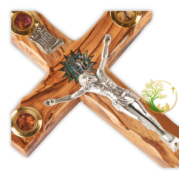 Olive wood wall hanging catholic crucifix | Mother of Pearl cross religious décor | New home wall cross gift