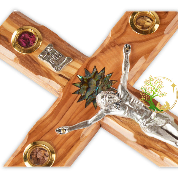 Mother of pearl wall crucifix with relics from the Holy Land | Olive wood wall hanging Catholic cross