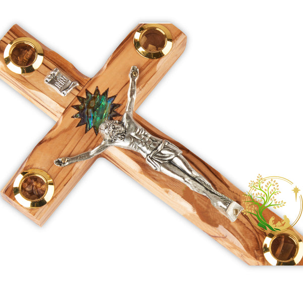 Mother of pearl wall crucifix with relics from the Holy Land | Olive wood wall hanging Catholic cross