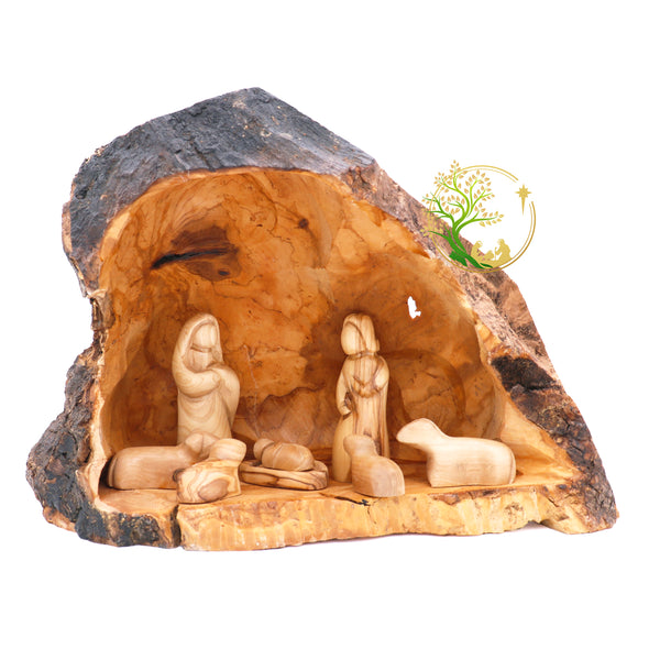 Nativity scene set carved inside an olive tree branch - Holy Land Nativity set - Wooden Manger Scene for Christmas decor
